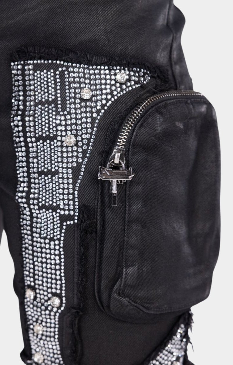 Guapi Obsidian Black Machine Gun Rhinestone Cargo Denim Jeans