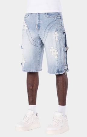Designer jean shorts with signature streetwear detailing.