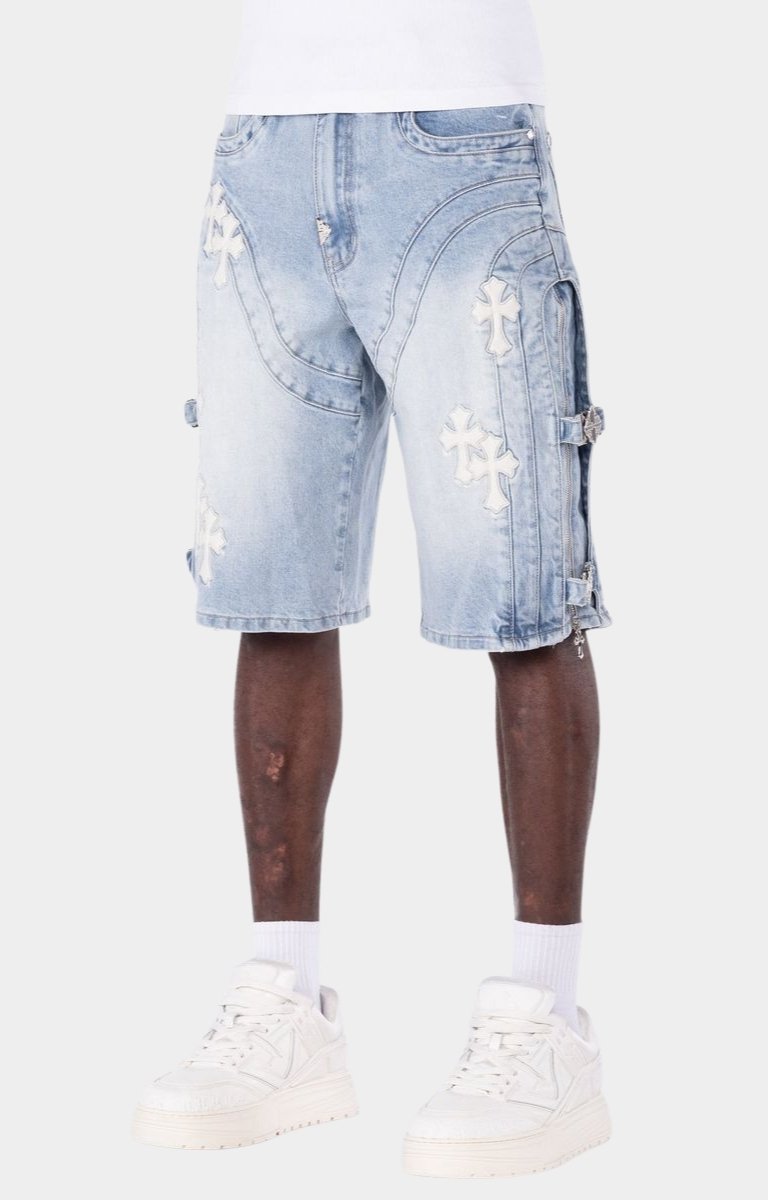 Designer jean shorts with signature streetwear detailing.