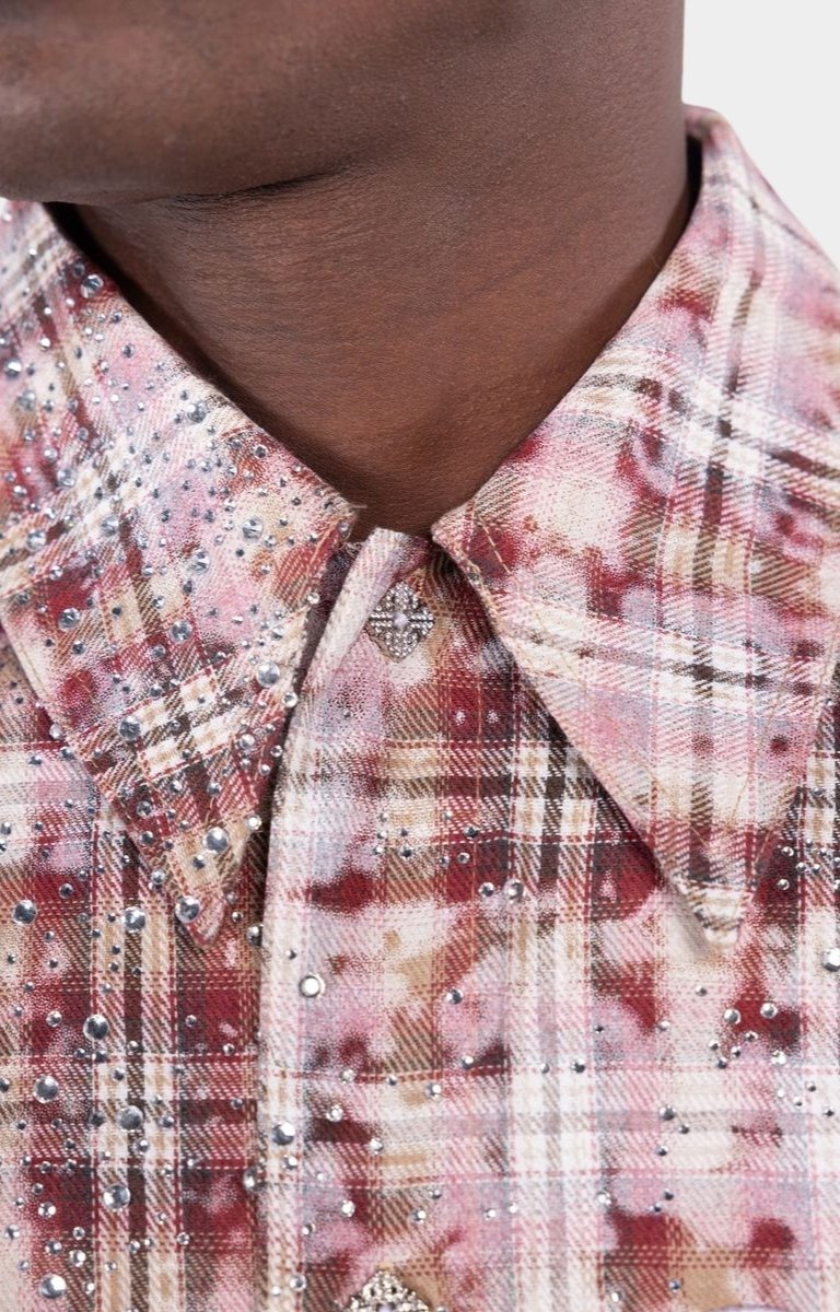 Guapi Eclipse Rhinestone Plaid Short Sleeve Shirt