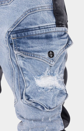 Designer stacked cargo pants with luxury streetwear styling.