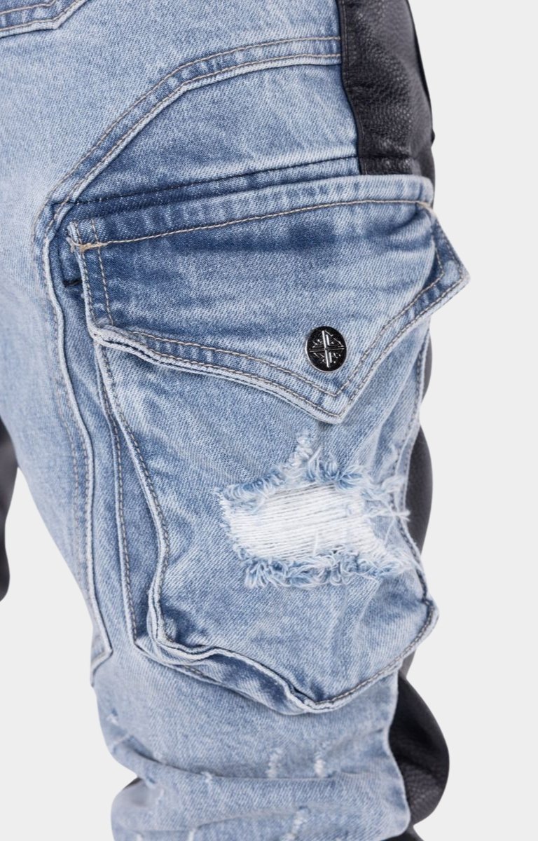 Designer stacked cargo pants with luxury streetwear styling.