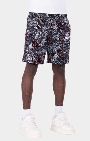 Designer velvet streetwear shorts in rich wine red colorway.
