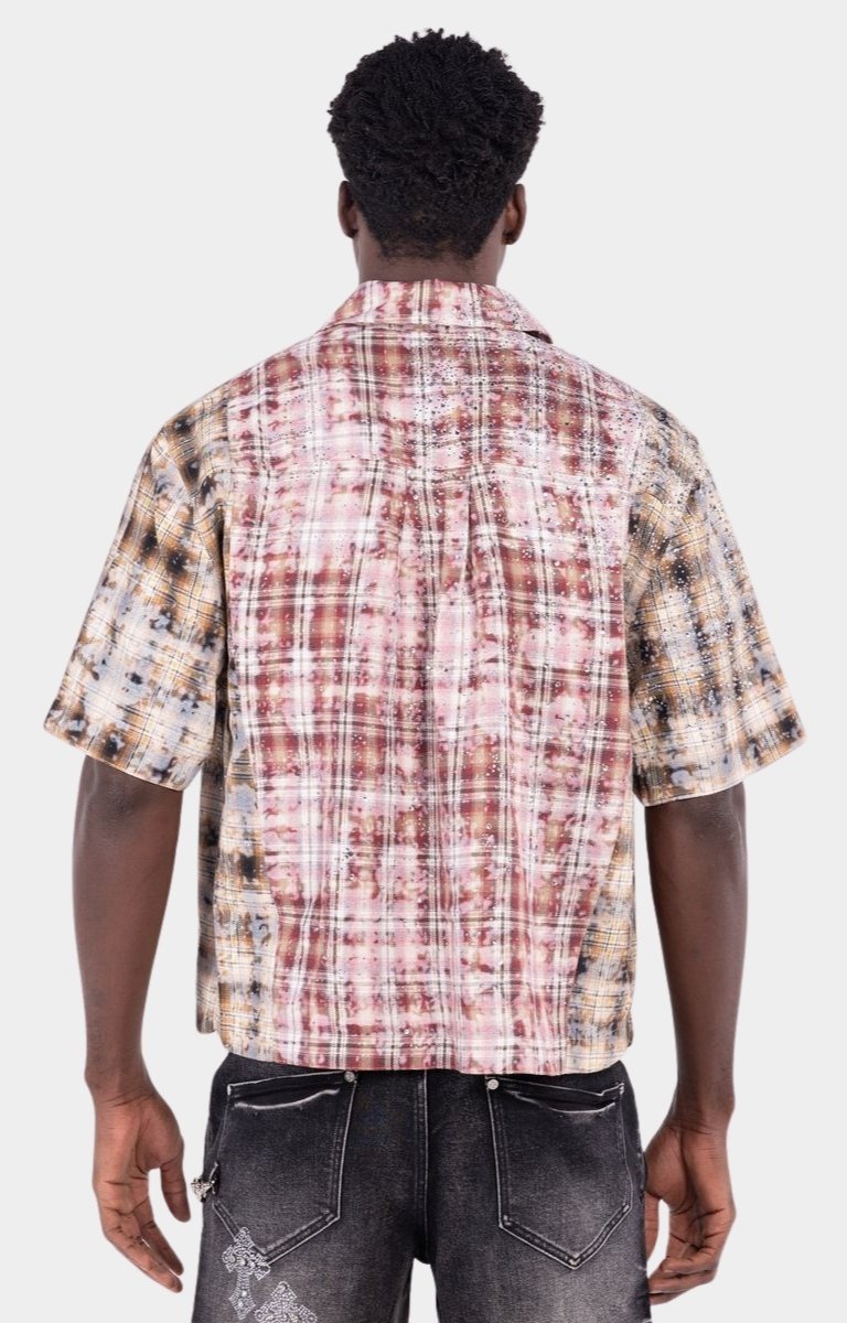 Guapi Eclipse rhinestone plaid short sleeve shirt back view.