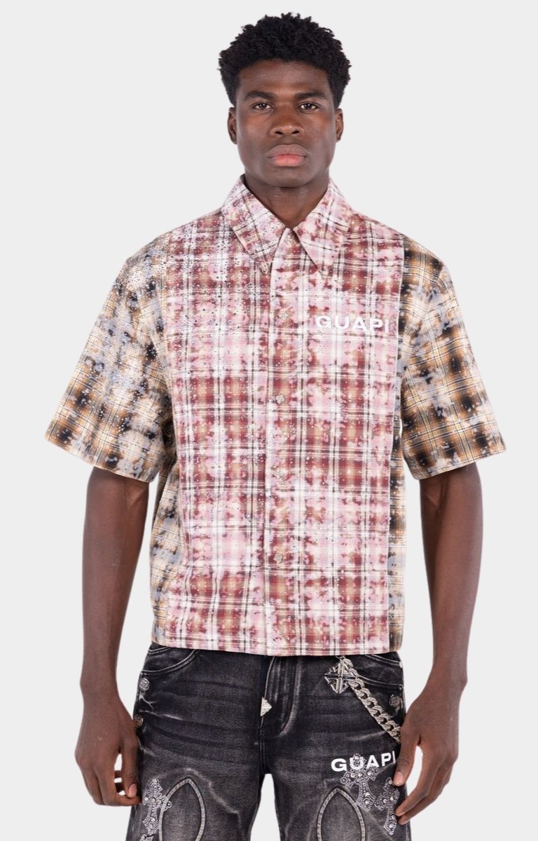 Guapi Eclipse rhinestone plaid short sleeve shirt front view.