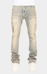 Guapi Emerald Spider rhinestone stacked denim jeans front view.