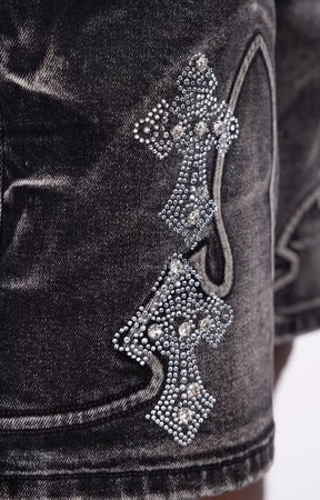 Guapi Obsidian Black Faded Cross Rhinestone Denim Shorts