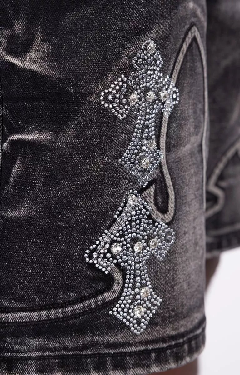 Guapi Obsidian Black Faded Cross Rhinestone Denim Shorts