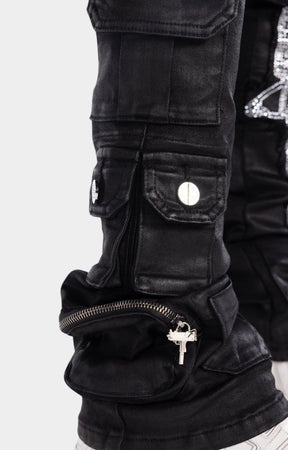 Guapi Obsidian Black Machine Gun Rhinestone Cargo Denim Jeans