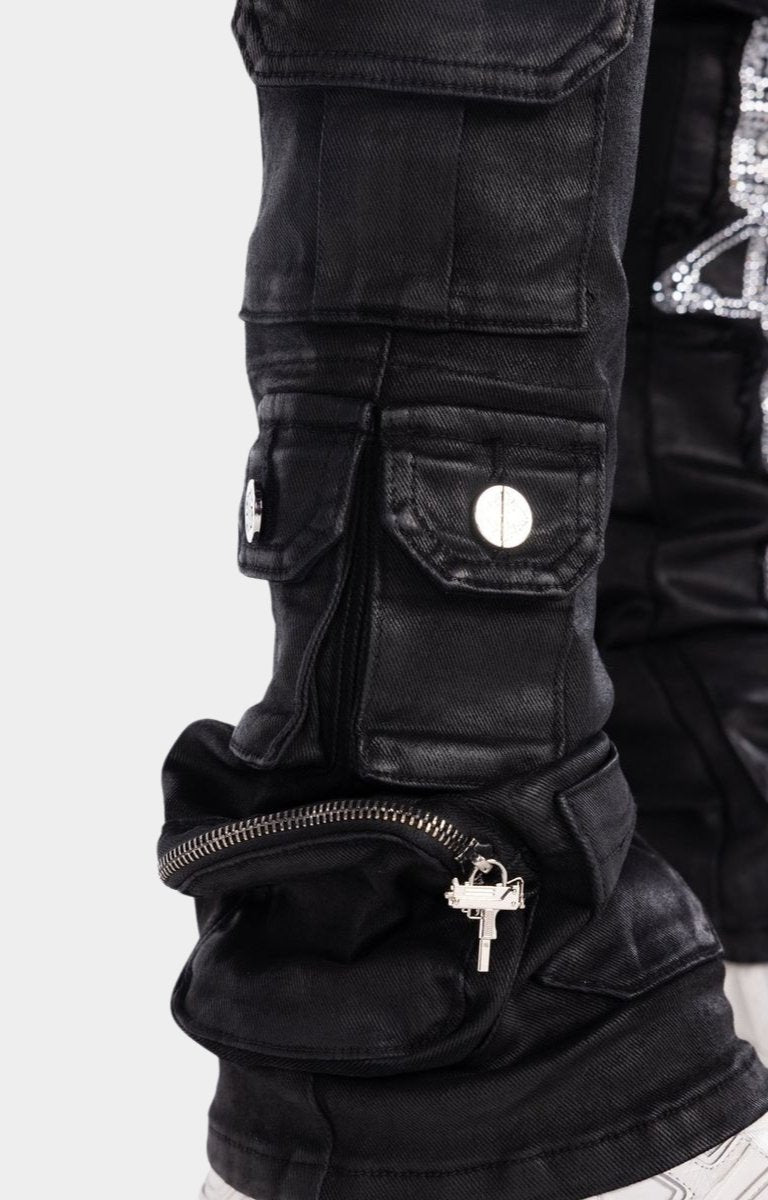 Guapi Obsidian Black Machine Gun Rhinestone Cargo Denim Jeans