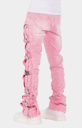 Guapi French Rose Cross Buckle stacked denim jeans back view.