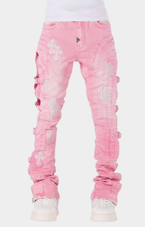 Guapi French Rose Cross Buckle stacked denim jeans front view.