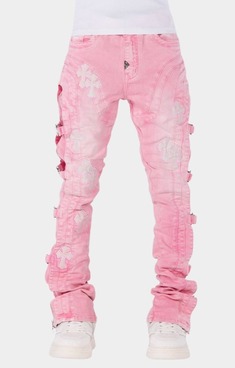 Guapi French Rose Cross Buckle stacked denim jeans front view.