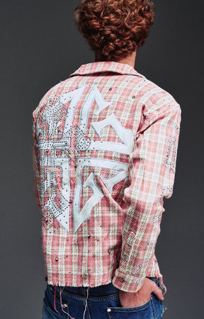 Guapi French Rose Plaid Shirt featuring an all-over rose plaid pattern, decorative clasp closures, distressed detailing, long sleeves, and a tailored fit.