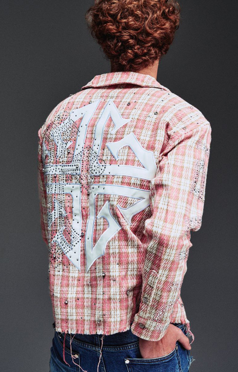Guapi French Rose Plaid Shirt featuring an all-over rose plaid pattern, decorative clasp closures, distressed detailing, long sleeves, and a tailored fit.