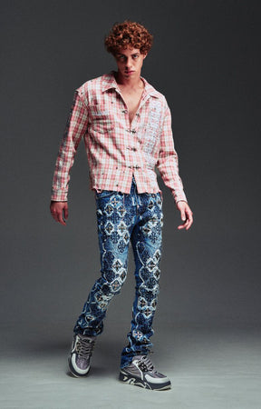 Guapi French Rose Plaid Shirt featuring an all-over rose plaid pattern, decorative clasp closures, distressed detailing, long sleeves, and a tailored fit.