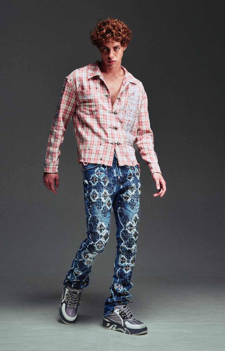 Guapi French Rose Plaid Shirt featuring an all-over rose plaid pattern, decorative clasp closures, distressed detailing, long sleeves, and a tailored fit.