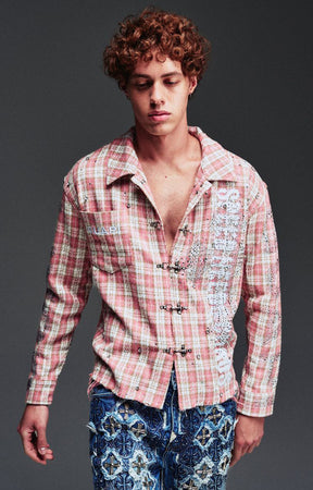 Guapi French Rose Plaid Shirt featuring an all-over rose plaid pattern, decorative clasp closures, distressed detailing, long sleeves, and a tailored fit.