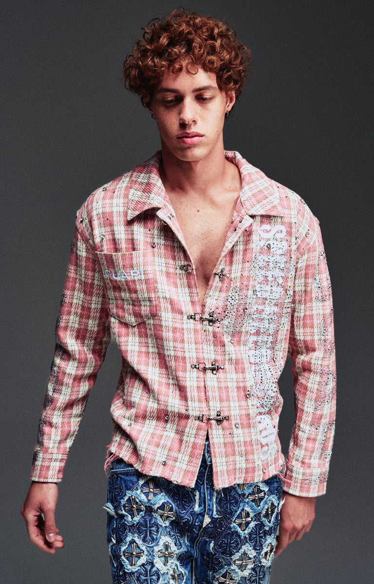 Guapi French Rose Plaid Shirt featuring an all-over rose plaid pattern, decorative clasp closures, distressed detailing, long sleeves, and a tailored fit.
