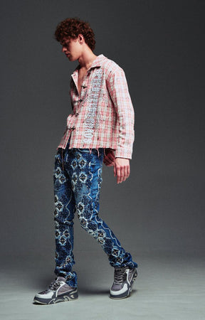 Guapi French Rose Plaid Shirt featuring an all-over rose plaid pattern, decorative clasp closures, distressed detailing, long sleeves, and a tailored fit.