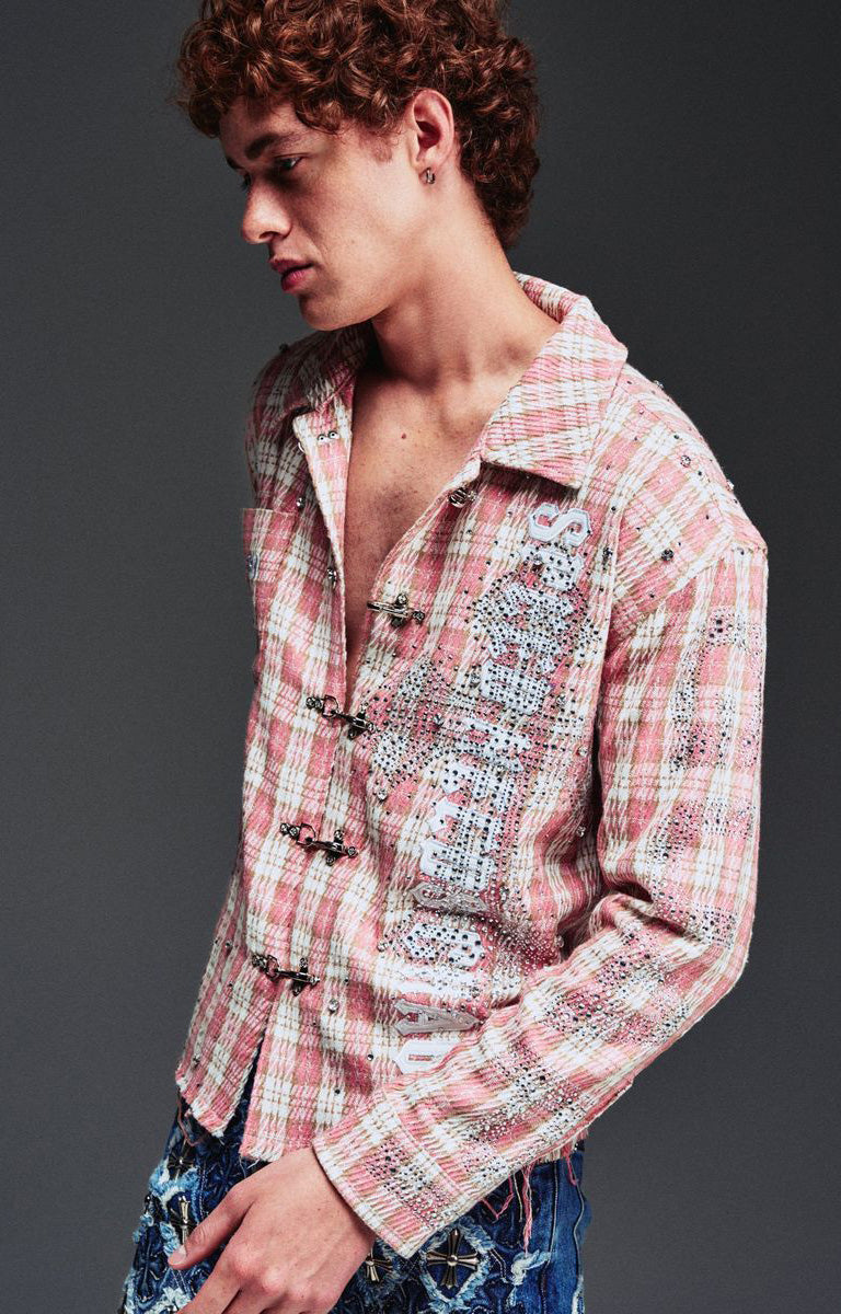 Guapi French Rose Plaid Shirt featuring an all-over rose plaid pattern, decorative clasp closures, distressed detailing, long sleeves, and a tailored fit.