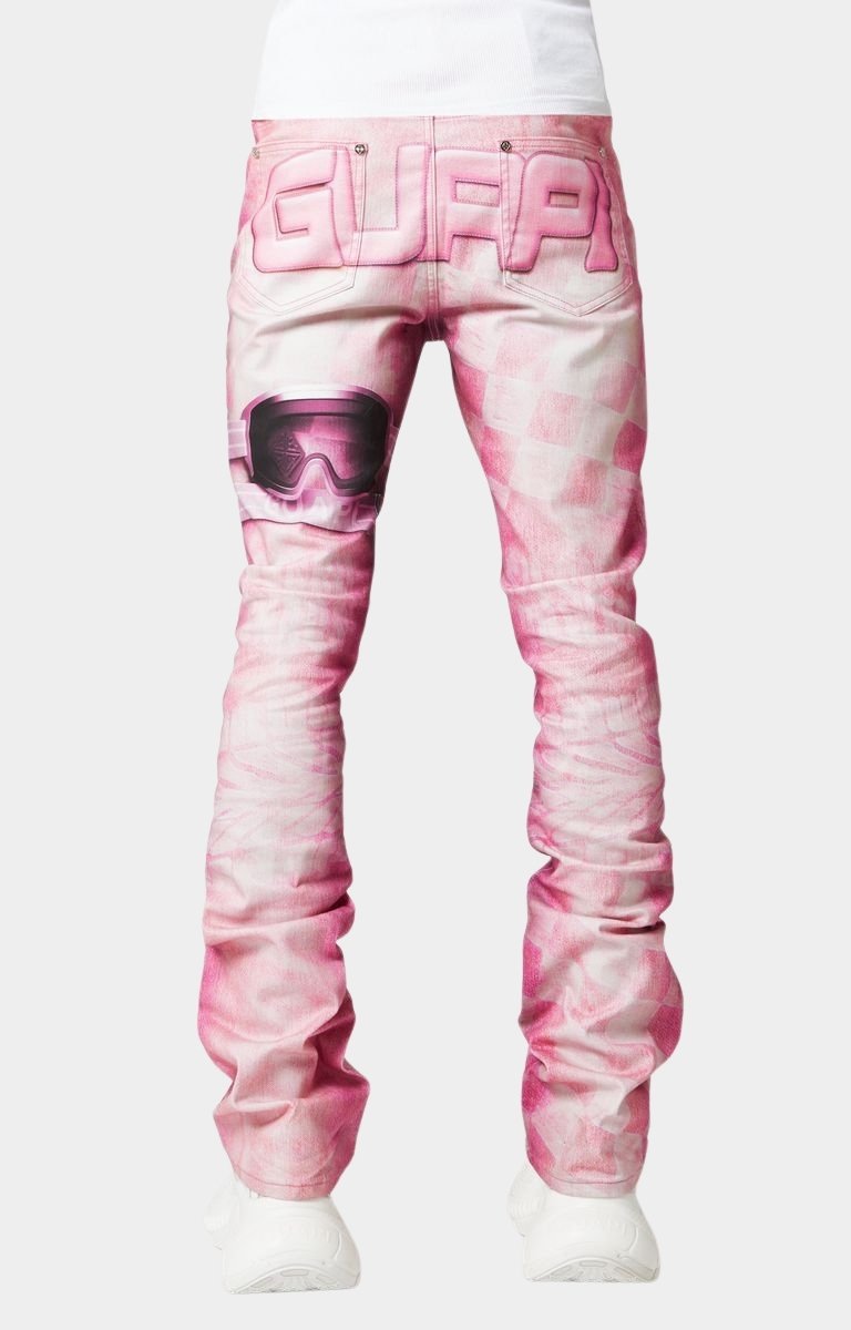 Back view of Guapi French Rose Denim featuring oversized GUAPI logo