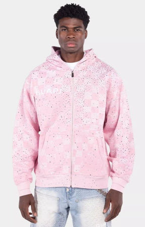 GUAPI French Rose Stardust checkerboard zip hoodie front view.