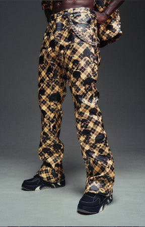 Guapi Gold Skull Plaid Leather Pants front view.