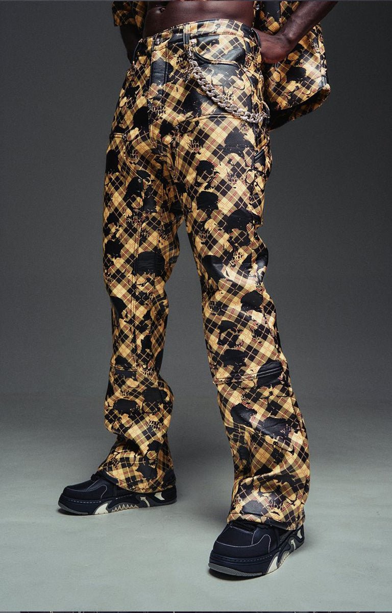 Guapi Gold Skull Plaid Leather Pants front view.