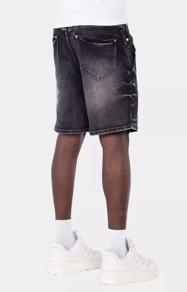 Guapi Obsidian Black Faded Cross Rhinestone Denim Shorts