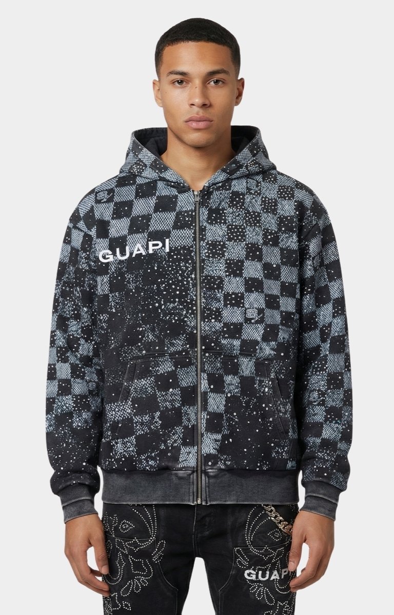 Guapi Grey Stardust Hoodie front view with checkerboard print.