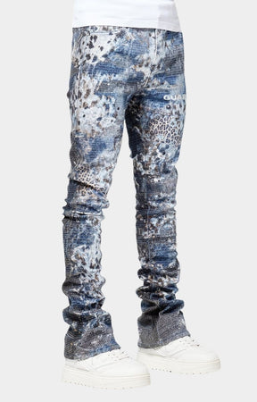 Side view of GUAPI Aqua Blue Hakai stacked denim.
