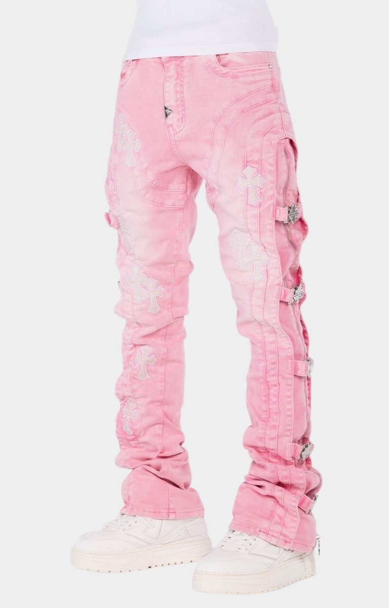 Premium heavyweight denim jeans with luxury streetwear styling.