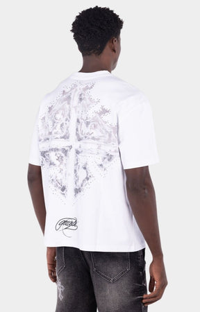 Luxury graphic shirt with crystal detailing and relaxed streetwear fit. 