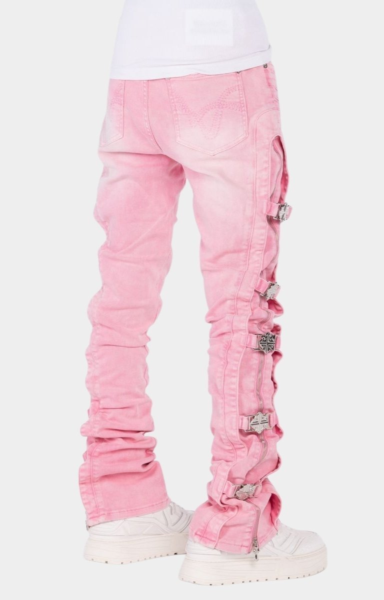 Luxury stacked denim jeans with custom hardware accents.