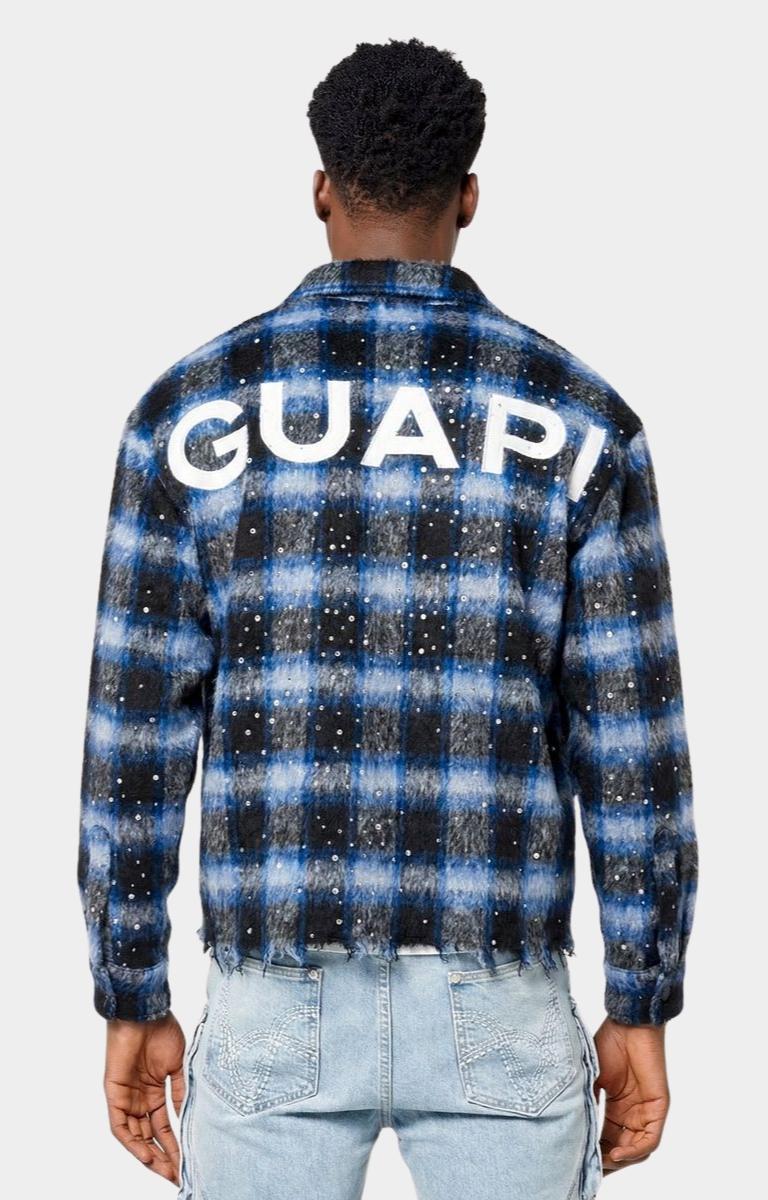 Guapi flannel styled in streetwear outfit with guapi written at back and rhinestones all over. 