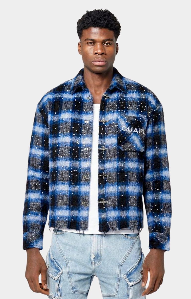 Guapi Midnight Sky flannel shirt front view blue plaid with rhinestones all over. 
