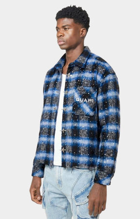 Structured silhouette of guapi midnight sky plaid flannel shirt