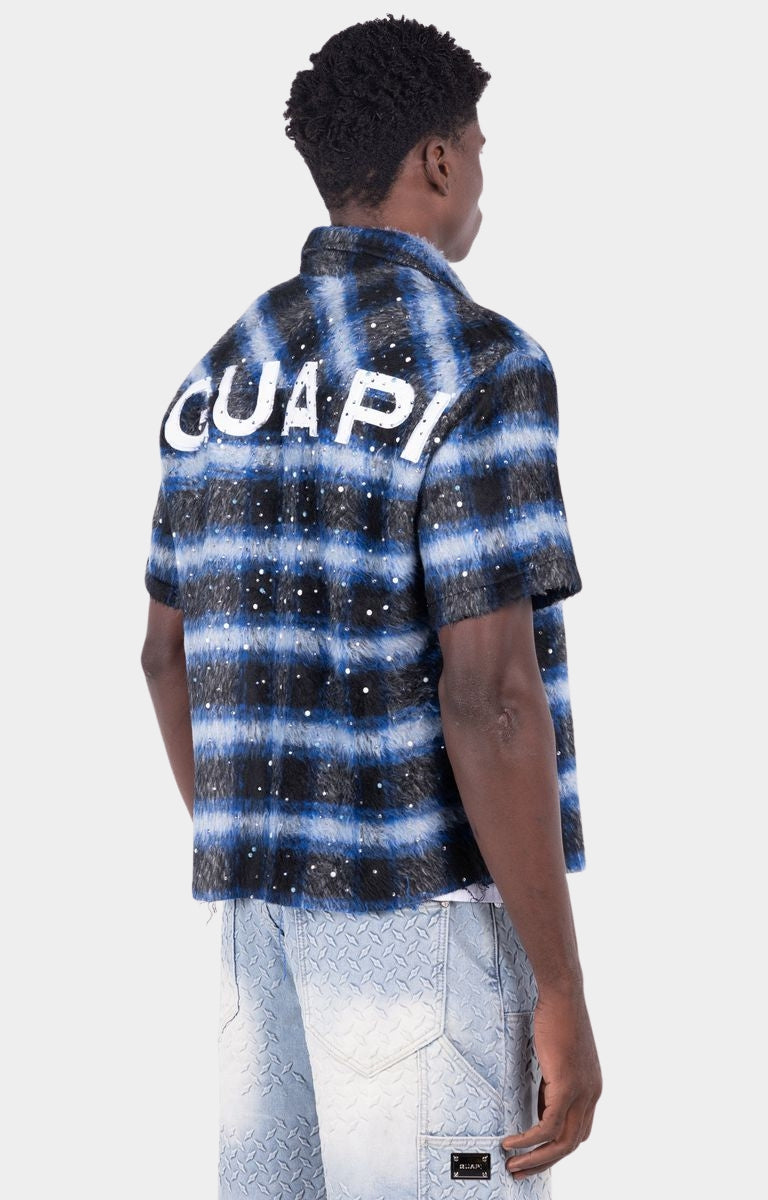Side profile of Guapi Midnight Sky Crystal Clasp Shirt.