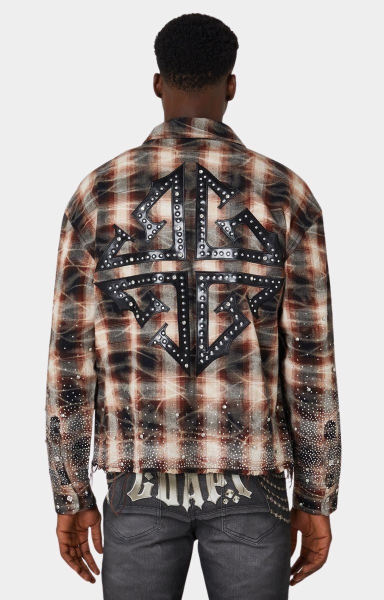 Back view of Guapi Mocha Rhinestone Flannel with gothic leather logo patch
