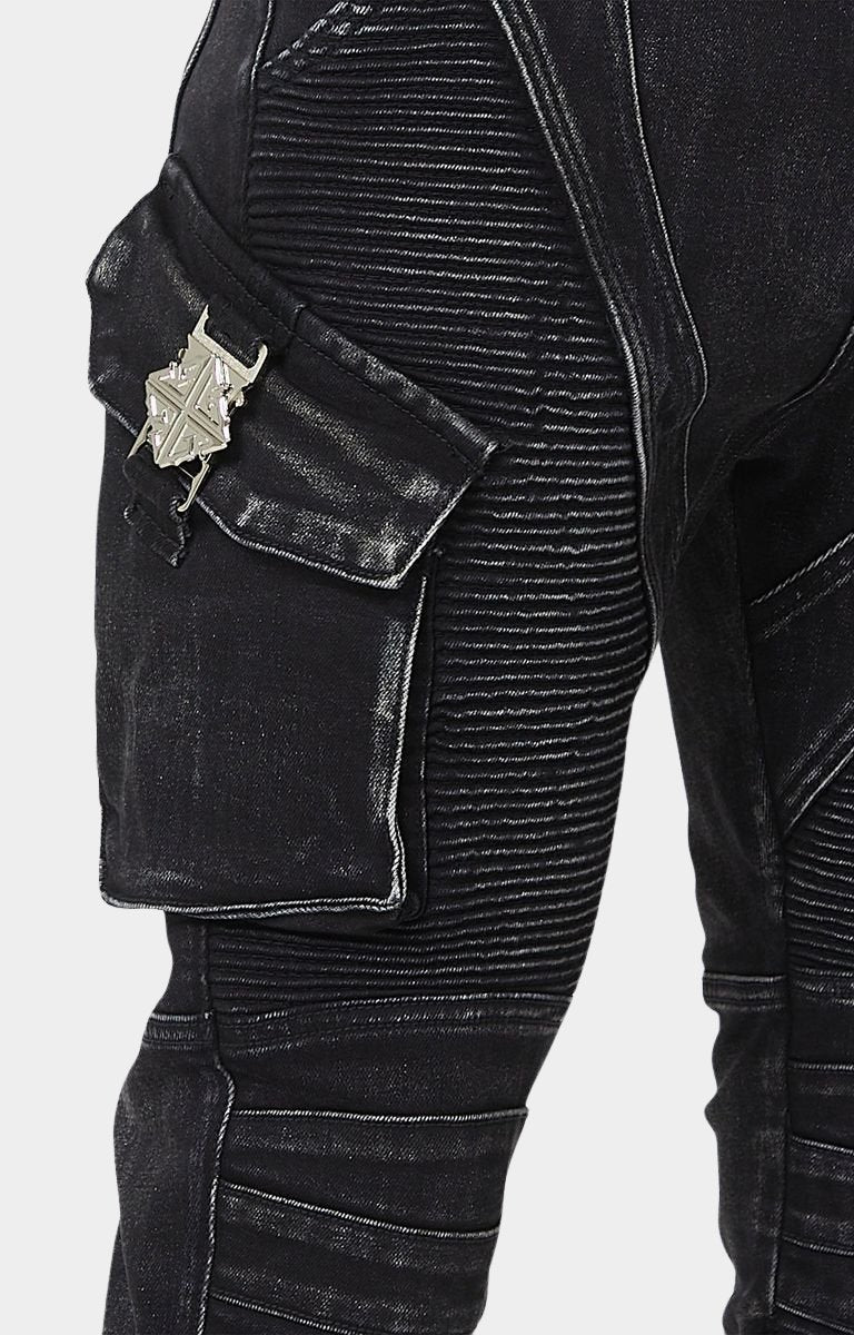 Guapi biker denim cargo pocket with silver hardware.