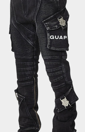 Moto ribbed thigh and knee detailing on Guapi biker denim.