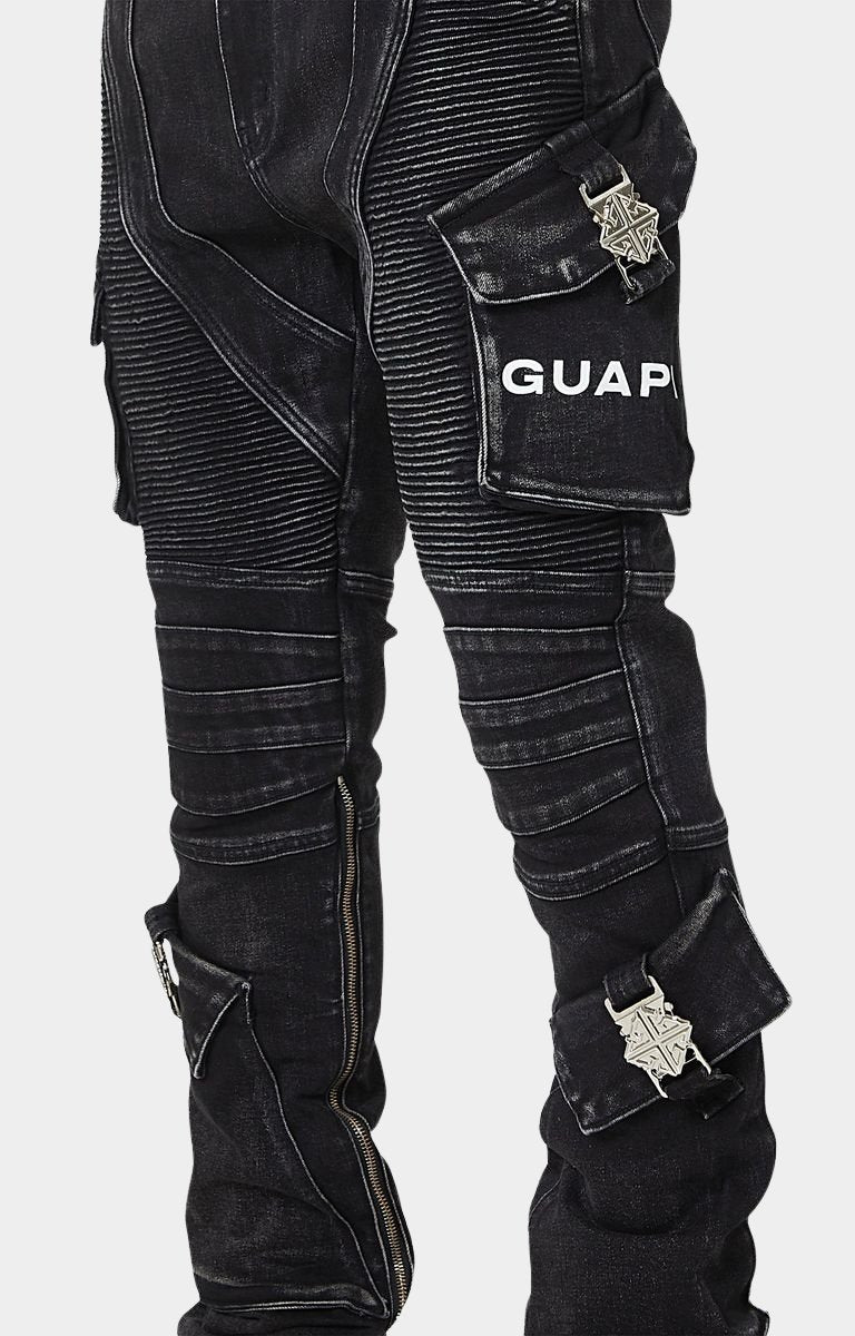Moto ribbed thigh and knee detailing on Guapi biker denim.