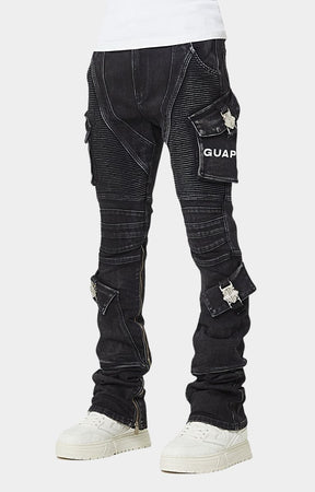 Multi panel seam construction on Guapi Oblivion biker jeans.