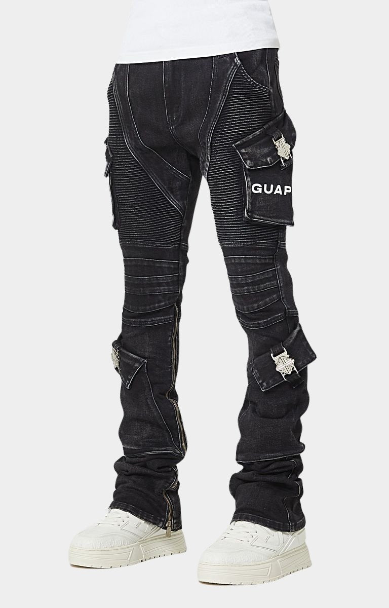 Multi panel seam construction on Guapi Oblivion biker jeans.