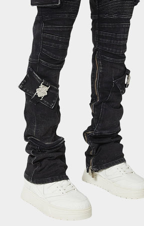 Stacked ankle hem fit of Guapi Vintage Black biker jeans.
