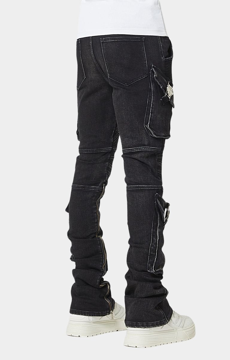 Guapi Oblivion Biker Denim – Vintage Black Stacked Cargo Jeans