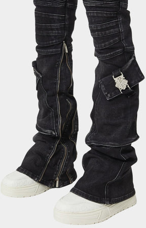 Inner calf zipper flare detail on Guapi stacked biker denim.