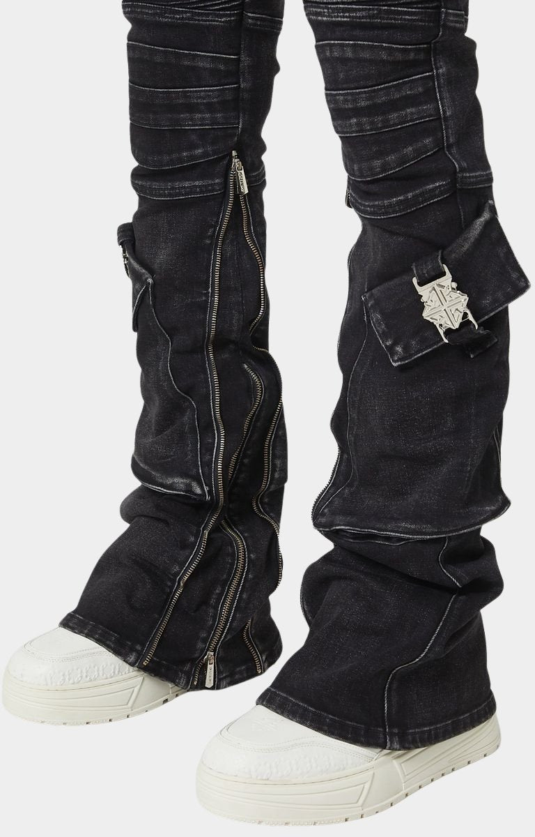 Inner calf zipper flare detail on Guapi stacked biker denim.