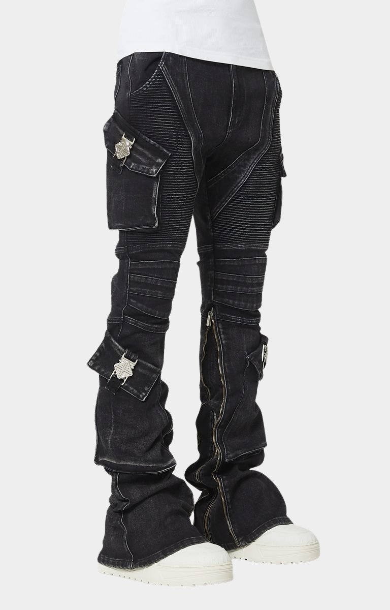 Side profile of Guapi Vintage Black biker cargo jeans.